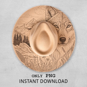 Puede incluir: Un sombrero fedora beige con una ilustración detallada de la cara de un lobo y un paisaje montañoso en el ala. El sombrero tiene una corona clásica en forma de lágrima y un ala ancha. El texto "ONLY PNG INSTANT DOWNLOAD" está en la parte inferior.