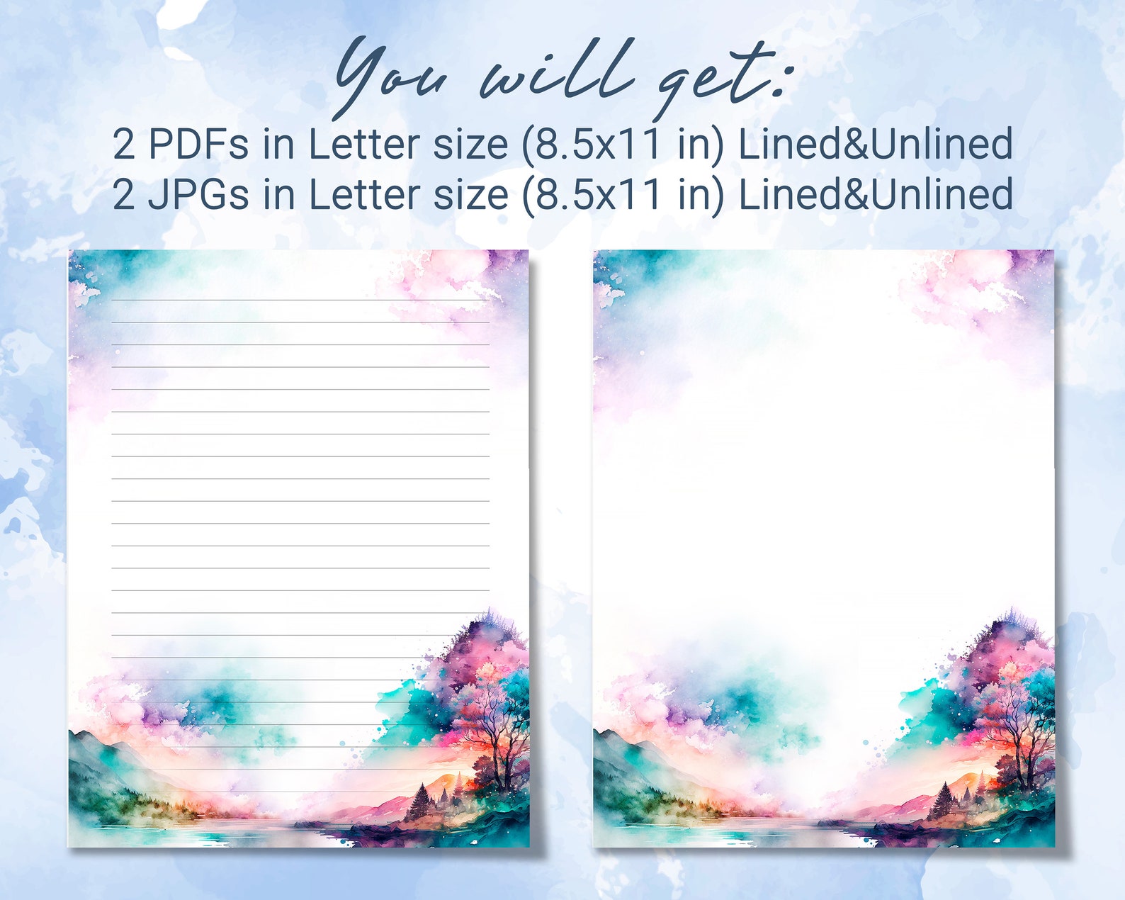 Printable Stationery Lined Paper With Magical Beautiful Watercolor ...