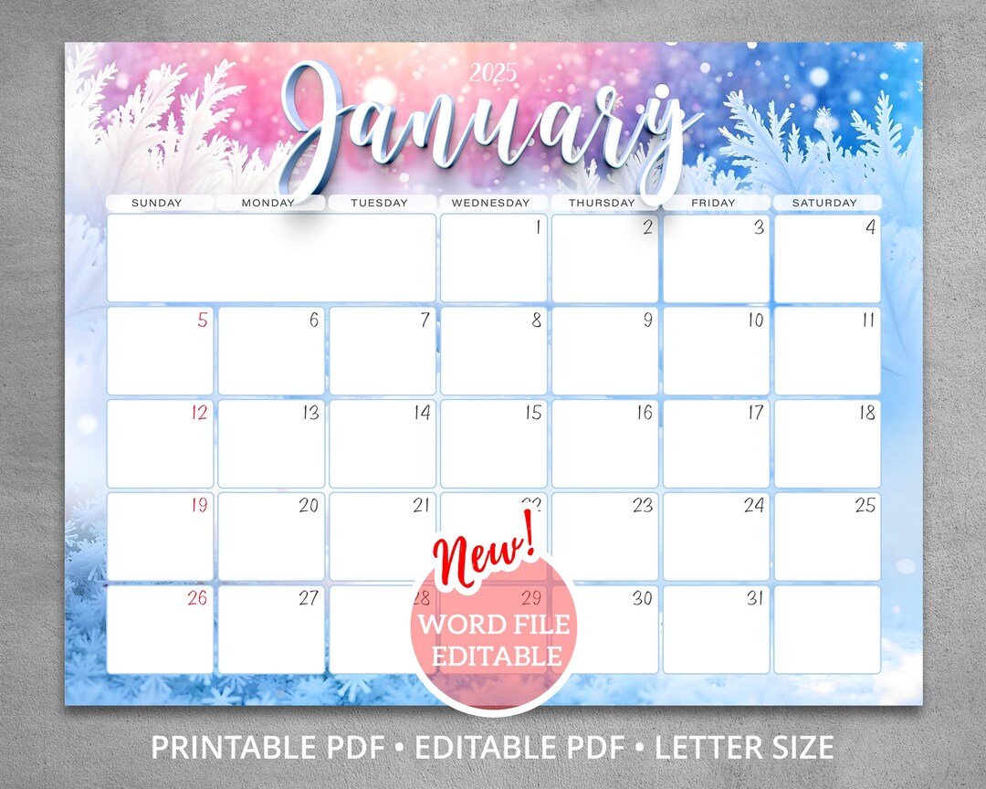 Editable January 2025 Calendar, January Wall Calendar With Snowflakes