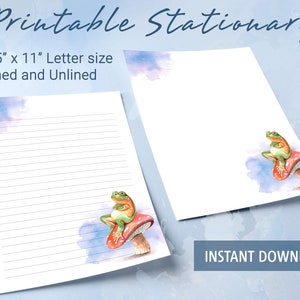 Papel rayado imprimible, papel para escribir imprimible con diseño de rana de acuarela sobre hongo, papel para escribir cartas, bloc de notas personalizado