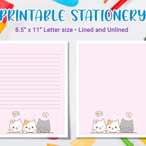 Kawaii Stationery Printable for kids, Printable Letter Writing with cute cat kitten, cute stationary image 2