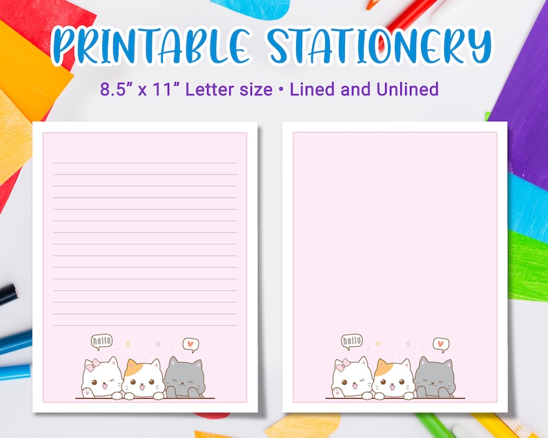 Kawaii Stationery Printable for kids, Printable Letter Writing with cute cat kitten, cute stationary image 2