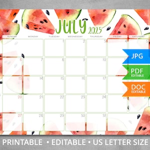 Bearbeitbarer Juli 2025 Kalender, Aquarell Sommerkalender mit leckerem Wassermelone, Briefgröße, Sonntag-Start, Sofort Download