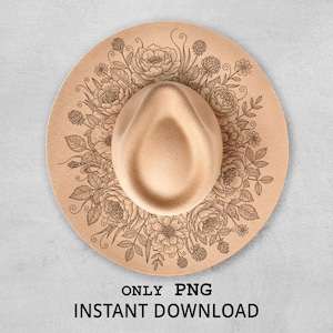 Può includere: Un cappello fedora beige con tesa larga, ornato da un elaborato motivo floreale in beige più scuro. Il testo "ONLY PNG INSTANT DOWNLOAD" è stampato in basso nell'immagine.