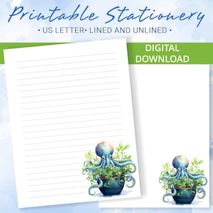 Papel rayado imprimible, Papel para escribir imprimible con pulpo en una maceta, Papel para escribir cartas, Bloc de notas personalizado