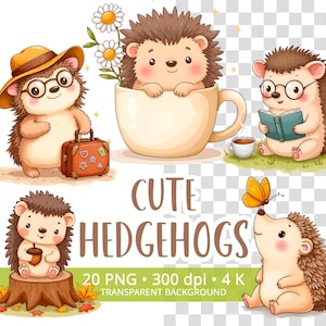 かわいいハリネズミのクリップアートバンドル20PNG、子供向けの面白い森の動物のクラフト、ステッカー、保育園のアート、昇華、4K、透明な背景