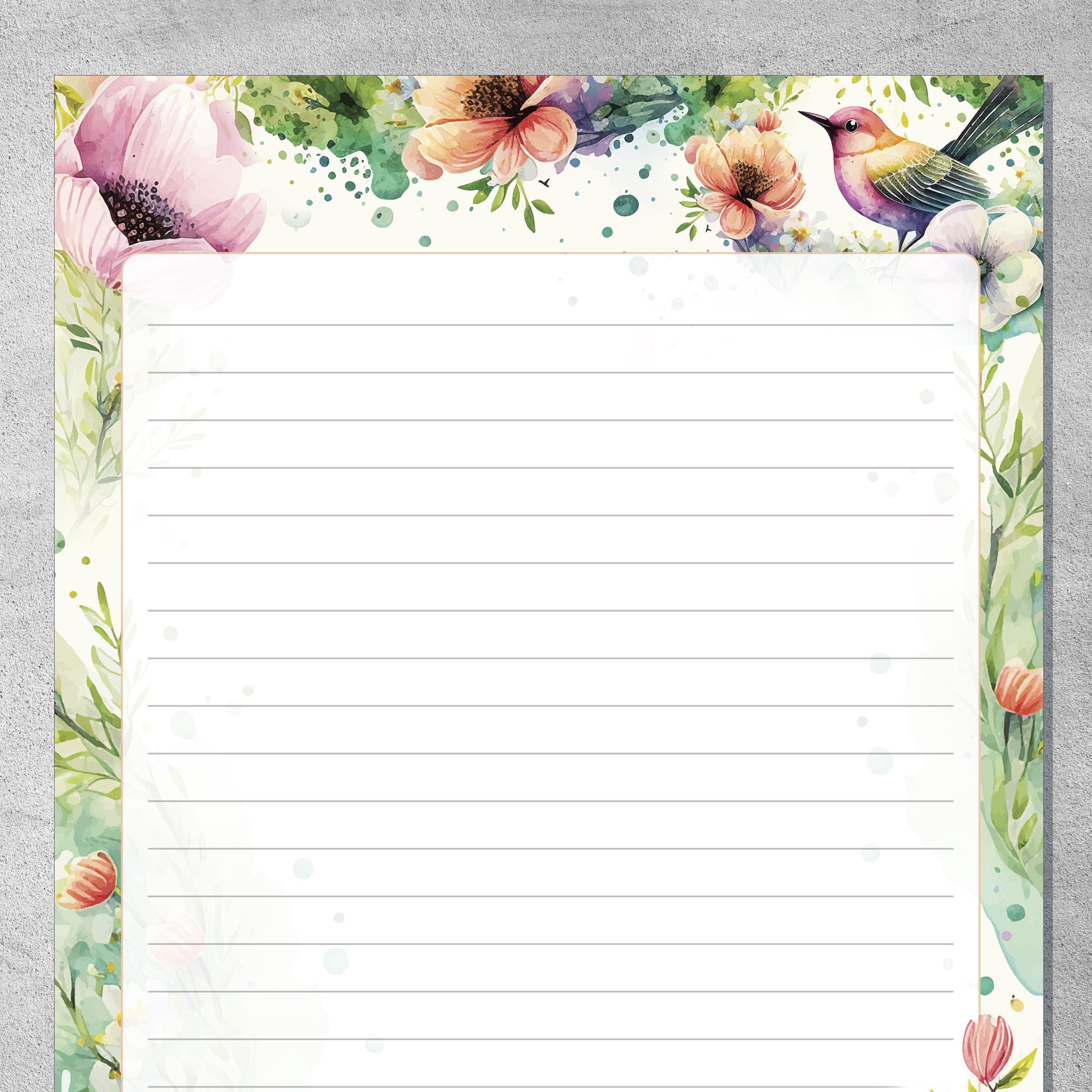 Watercolor Bird and Floral Printable Stationery, Lined and Unlined ...