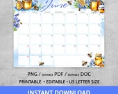June 2026 Calendar, Editable Honeybee Monthly Planner, Watercolor Bee Printable, Summer Digital Download