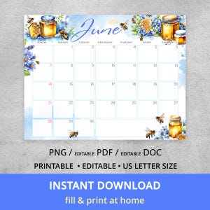 Calendario mensile modificabile di giugno 2026, disegno acquerello di un'ape mellifera, PDF e Word modificabili