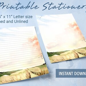 Papel de carta imprimible con paisaje de acuarela de campo de hierba, papel de carta imprimible, plantilla de Goodnotes