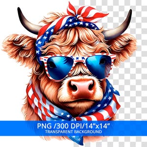 Patriotic Highland Cow PNG, 4th of july Sublimation Design, Trendy America USA, Digital Download