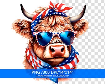 Patriotic Highland Cow PNG, 4th of july Sublimation Design, Trendy America USA, Digital Download