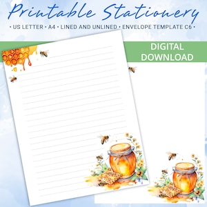 Papel rayado de papelería imprimible, papel para escribir cartas con abejas y miel, tamaño A4 y carta estadounidense, incluye plantilla de sobre