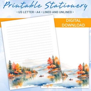 Papel rayado imprimible, papel para escribir cartas con paisaje otoñal, tamaño A4 y carta de EE. UU., plantilla Goodnotes