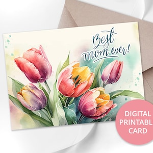 Cartão de Dia das Mães para impressão com buquê de tulipas, Cartão de felicitações 5x7 para impressão, Cartão para mãe, Cartão de Dia das Mães da Filha