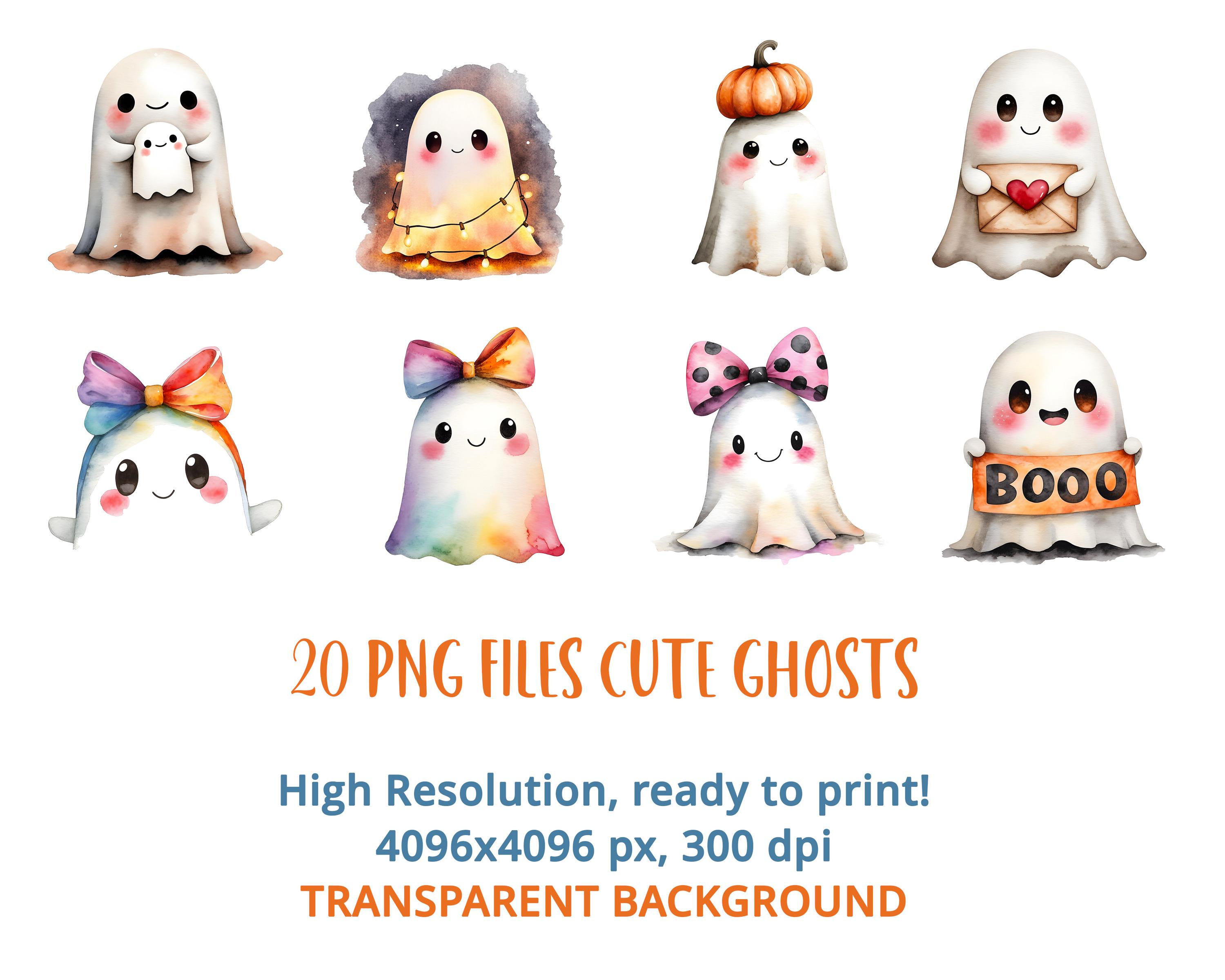 Cute Watercolor Ghost Clipart – 20 PNG Halloween Graphics, Kawaii ...