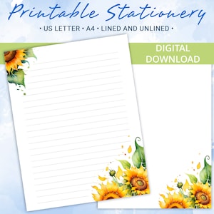 Papel rayado imprimible, papel para escribir cartas con girasoles, tamaño A4 y carta de EE. UU., plantilla de Goodnotes, licencia comercial