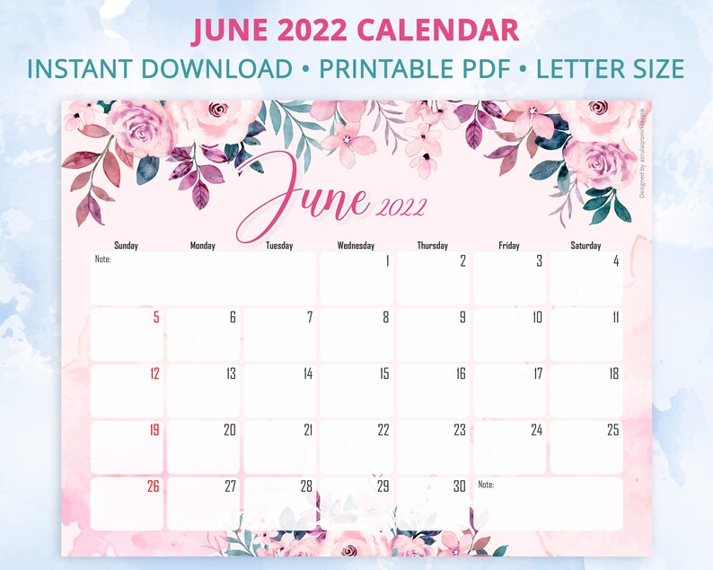 Editable June Calendar 2022 Wall Calendar 2022 Floral Summer Etsy