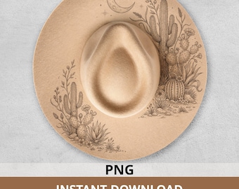 Desert Cactus Hat Burning Design, Celestial Moon Wide Brim Hat Template, Boho Western Laser Engraving Pattern, PNG PDF
