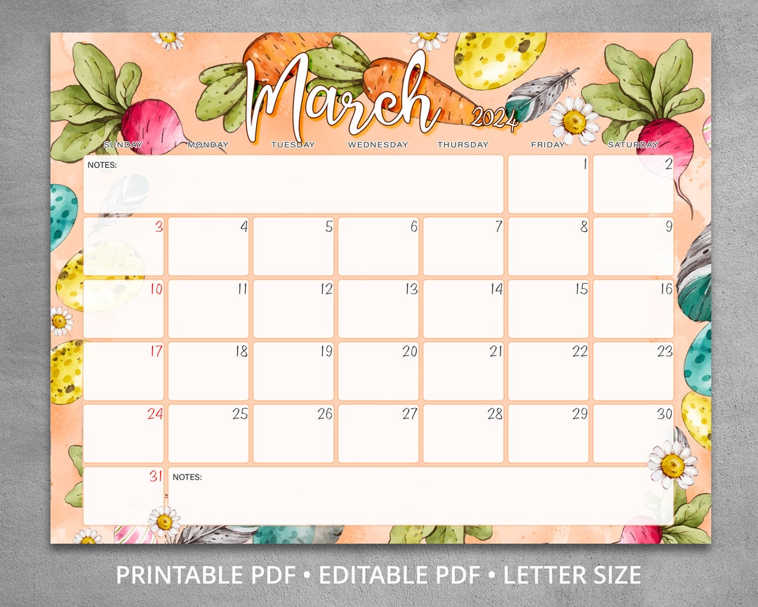 Editable March 2024 Calendar with an Easter background, Happy Easter ...