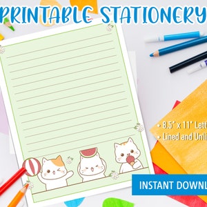 Papelería Kawaii Imprimible para Niños, Escritura de Cartas Imprimible con Lindos Gatos de Verano, Papelería Linda