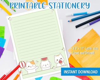 Kawaii Stationery Printable for kids, Printable Letter Writing with cute summer cats, Cute stationary
