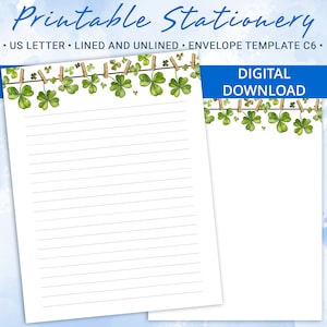 Papel de carta imprimible con trébol de cuatro hojas, papel de carta imprimible, plantilla de Goodnotes, incluye plantilla de sobre