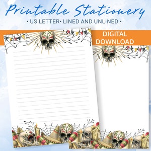 Papelería imprimible de Halloween, papel de carta imprimible con calavera humana, sombrero, maracas y velas, plantilla de Goodnotes