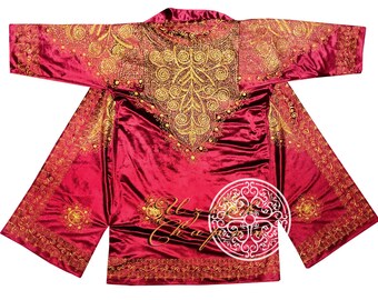 Bukhara Eye-Catching Raspberry Gold Embroidered Uzbek Silk Velvet Chapan Coat Kaftan Robe From Uzbekistan Author's Work Ready To Wear 134