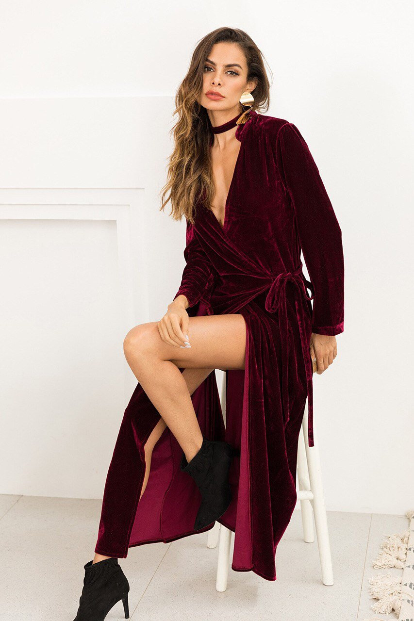 Hot Sexy Long Sleeve Wrap Velvet Dress 