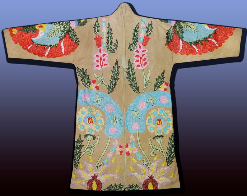 Unisex Ottoman Flowers Natural Colored Silk Embroidered Uzbek Tajik Chapan Light Coat Kaftan From Uzbekistan Author/'s Work 092
