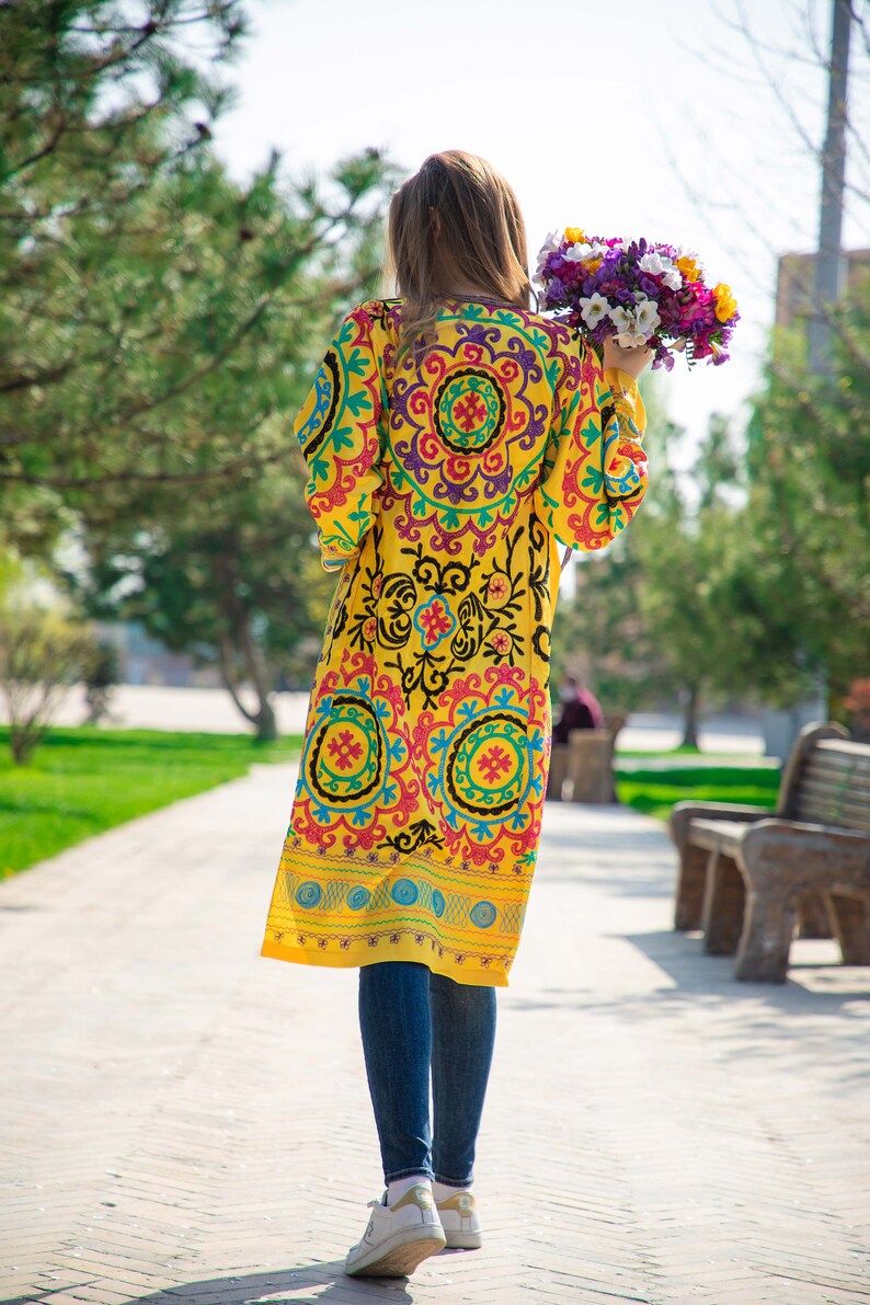 Yellow Silk Embroidered Uzbek Jacket Chapan Light Coat Kaftan Robe From Uzbekistan Author/'s Work