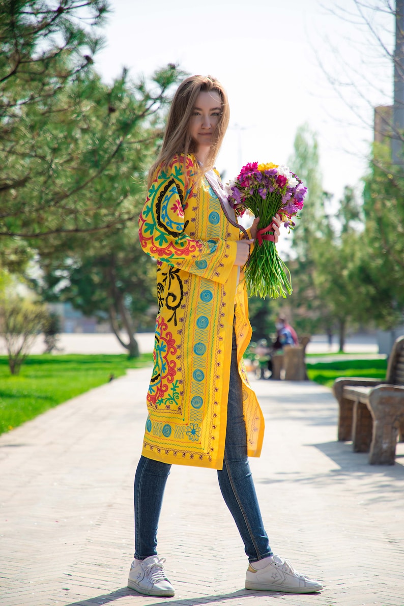 Yellow Silk Embroidered Uzbek Jacket Chapan Light Coat Kaftan Robe From Uzbekistan Author/'s Work