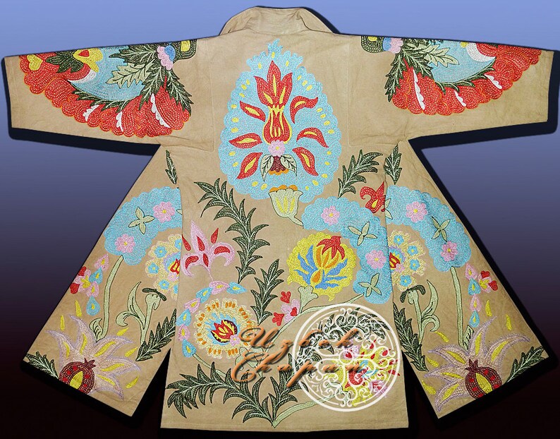 Unisex Ottoman Flowers Natural Colored Silk Embroidered Uzbek Tajik Chapan Light Coat Kaftan From Uzbekistan Author/'s Work 092
