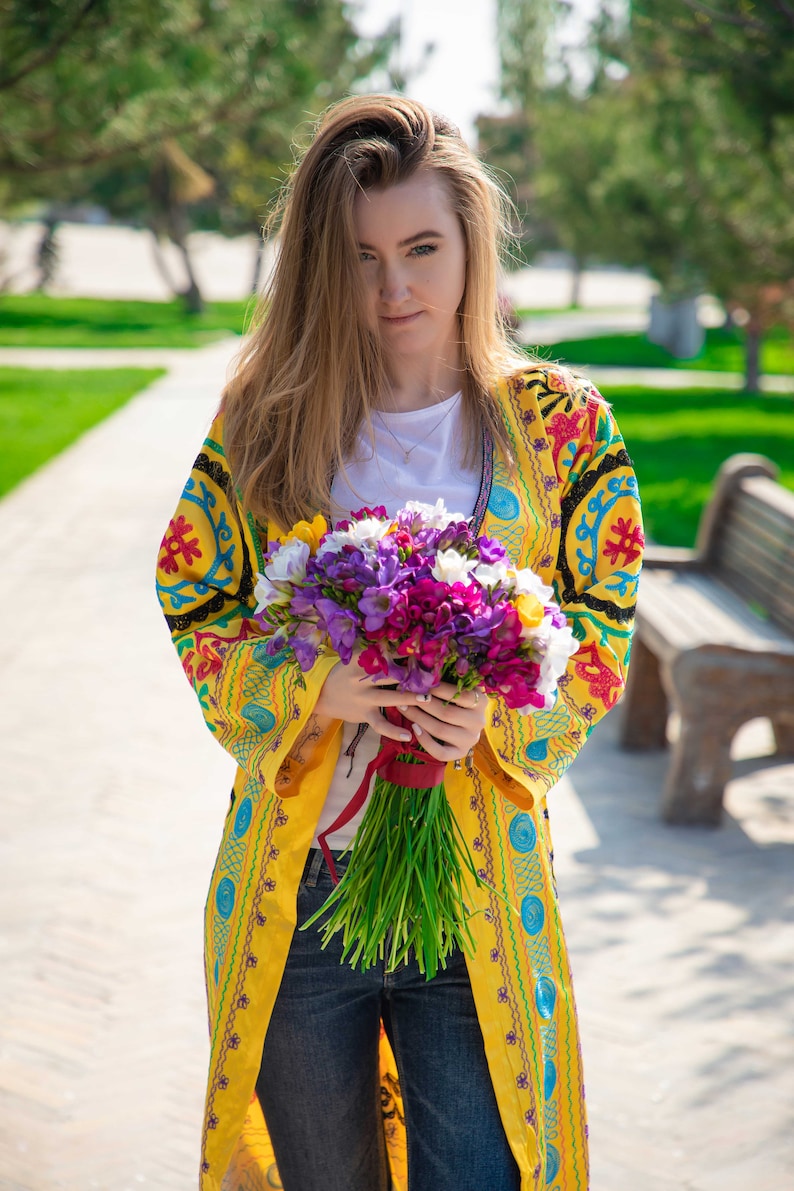 Yellow Silk Embroidered Uzbek Jacket Chapan Light Coat Kaftan Robe From Uzbekistan Author/'s Work