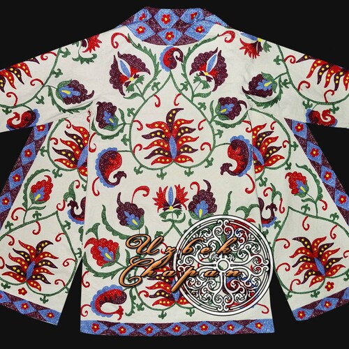 Unisex Men Woman Robe Bukhara Design White shops Silk Embroidered Uzbek Tajik Chapan Light Coat Kaftan From Uzbekistan Author's Work 097