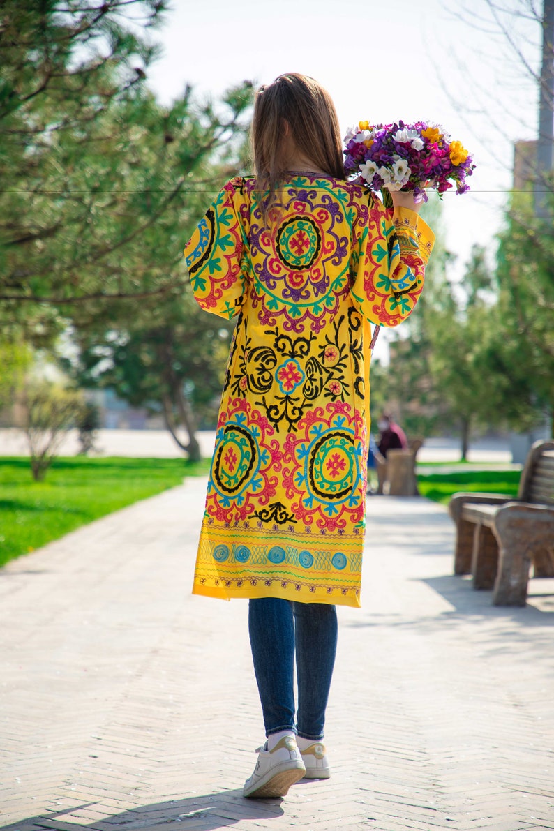 Yellow Silk Embroidered Uzbek Jacket Chapan Light Coat Kaftan Robe From Uzbekistan Author/'s Work