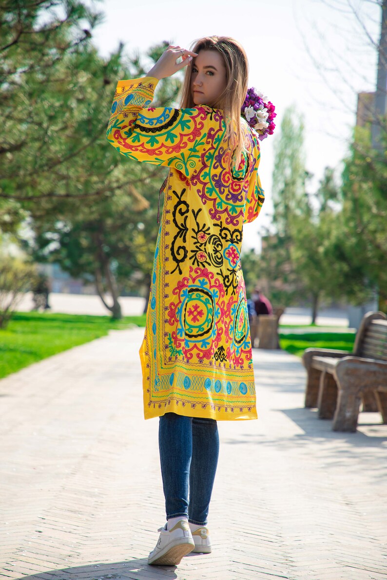 Yellow Silk Embroidered Uzbek Jacket Chapan Light Coat Kaftan Robe From Uzbekistan Author/'s Work