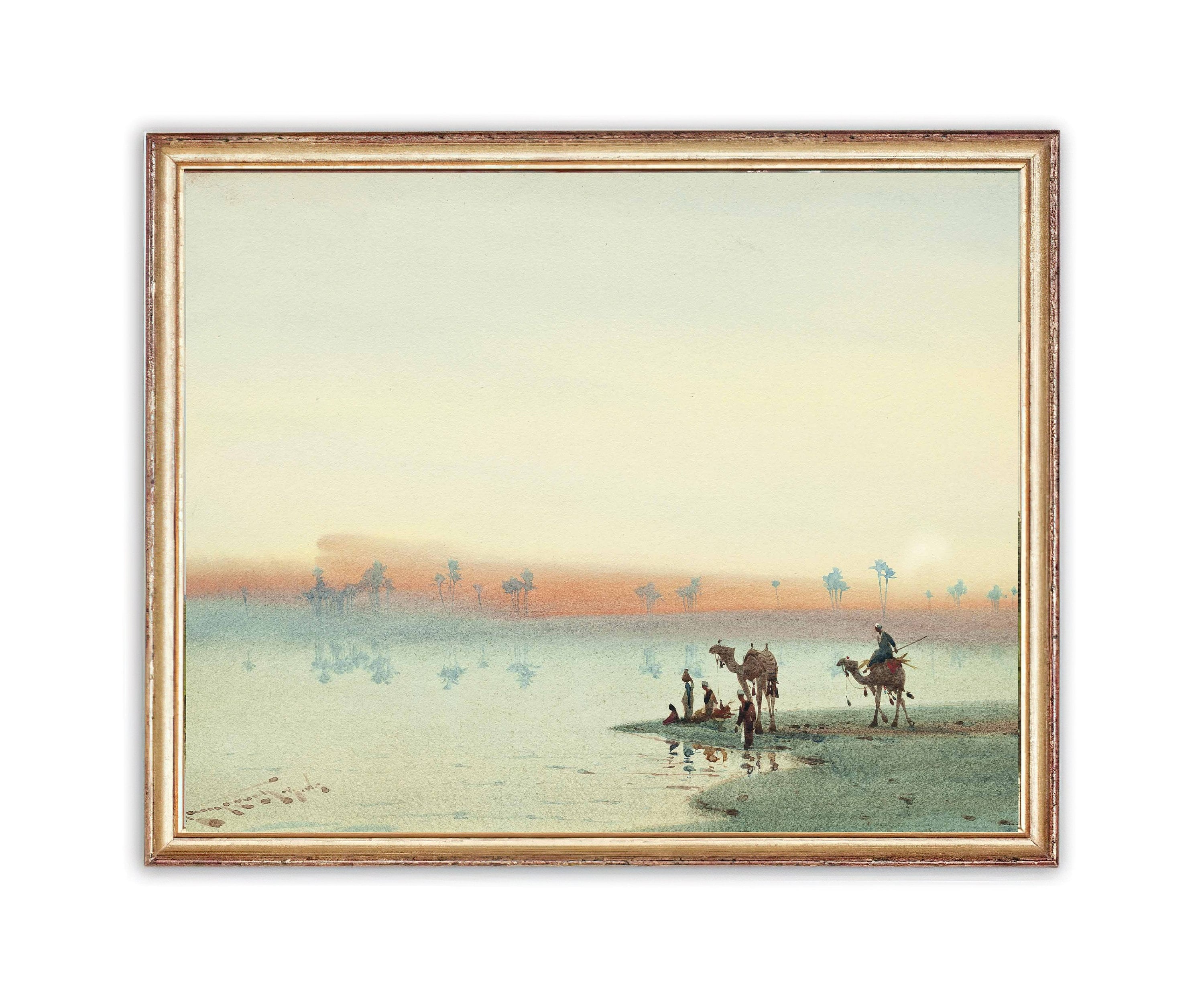 Vintage Camels Animal Painting | Antique Sea Lake River Artwork | Classic Egypt Landscape Poster | 19th Century Art Print | PRINTABLE art