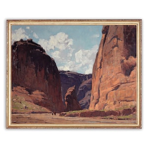 May include: A painting of a canyon landscape with towering red rock cliffs and a small group of figures walking along a sandy path in the foreground.