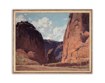 May include: A painting of a canyon landscape with towering red rock cliffs and a small group of figures walking along a sandy path in the foreground.