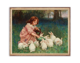 vintage Fille nourrissant des lapins Peinture | Œuvre d’art de portrait d’animal d’enfant | Affiche de lapin de jardin pour enfants | Impression d’art du 19e siècle | Art IMPRIMABLE