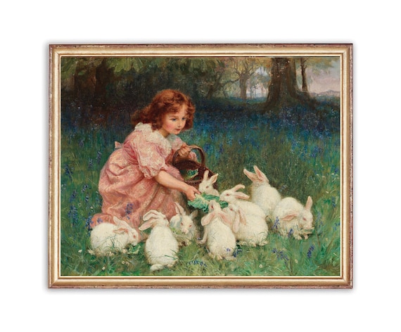 ウサギに餌をやる女の子のヴィンテージ絵画 | 子供の動物のポート