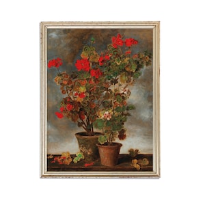 Pintura de jarrones vintage de flores / Obras de arte de geranios antiguos / Póster clásico de naturaleza muerta roja / Impresión de arte del siglo 19 / Arte imprimible