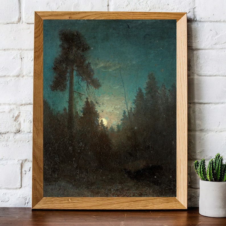 May include: A framed painting depicting a moonlit forest scene. The painting features a large tree in the foreground, with a full moon shining through the branches. The forest is dark and mysterious, with a sense of peace and tranquility.