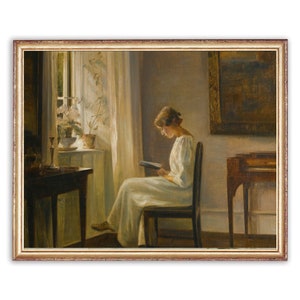 Vintage Interior Painting | Vintage Woman Reading Book by Window | Classic House Painting | 19th Century Art Print | PRINTABLE art