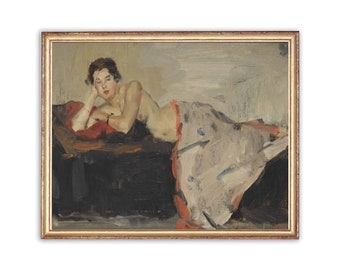 Vintage naken kvinnaporträttmålning | Antik naken kvinnakonstverk | Klassisk sängliggande affisch | Konsttryck från 1800-talet | Utskrivbar konst