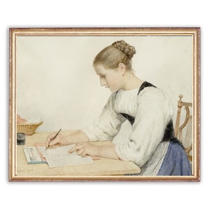 Pintura de retrato de mulher vintage | Arte antiga de retrato feminino | carta clássica da escrita pôster | Impressão artística do século XIX | Arte IMPRIMÍVEL