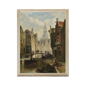 Vintage Riverscape Painting | Antique Old Town Artwork | Classic Architecture Buildings Poster | 19th Century Art Print | PRINTABLE art