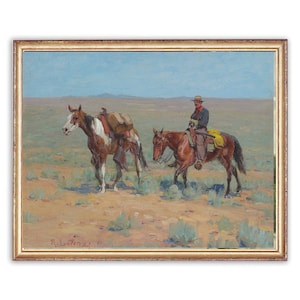 Vintage Western Painting | Vintage Oil Horse Rider Painting | Old West Cowboy Landscape Painting | 19th Century Art Print | PRINTABLE art